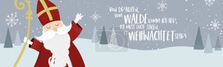 Illustration for Lovely drawn Nikolaus character, , text in german saying "I came here from the forest, I tell you, it is a very holy night!" - great for invitations, banners, wallpapers, cards - vector design - Royalty Free Image