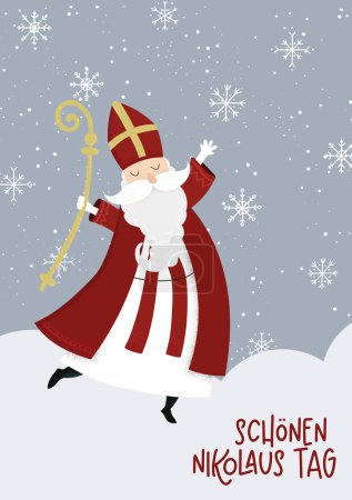 Precioso dibujado personaje Nikolaus,, texto en alemán diciendo "Feliz Día de San Nicolás!" - ideal para invitaciones, pancartas, fondos de pantalla, tarjetas - diseño de vectores