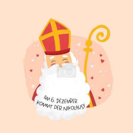 Illustration for Lovely drawn Nikolaus character, text in german "St. Nicolas Day is on 6th of December" - great for invitations, banners, wallpapers, cards - Royalty Free Image