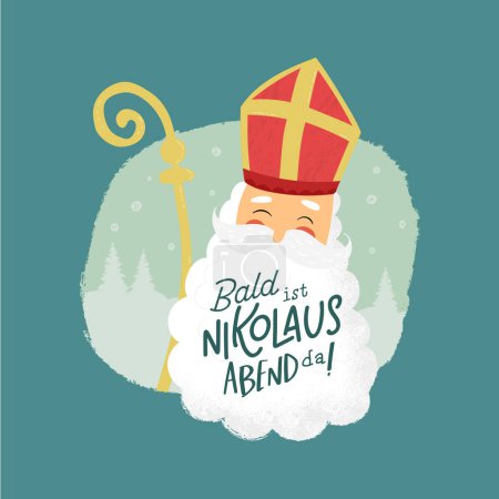 Ilustración de Personaje encantador dibujado Nikolaus, texto de la canción de Navidad alemana "Soon St. Nicolas Evening is here" - ideal para invitaciones, pancartas, fondos de pantalla, tarjetas - Imagen libre de derechos