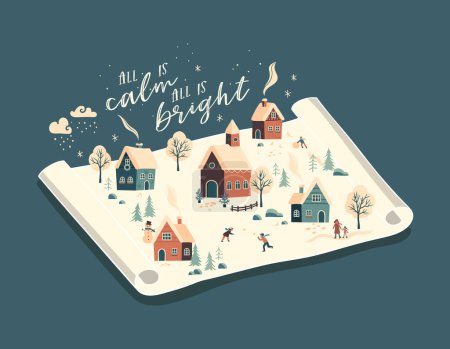 Téléchargez les illustrations : Mignon paysage d'hiver dessiné à la main avec des maisons et des arbres mignons, les gens heureux - conception vectorielle - en licence libre de droit