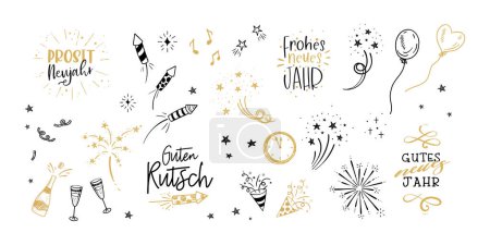 Amusant dessiné à la main les gribouillis du Nouvel An et les salutations du Nouvel An allemand - feux d'artifice, banderoles en papier, cocktails et fusées, idéal pour les bannières, papiers peints, textiles, emballage - design vectoriel