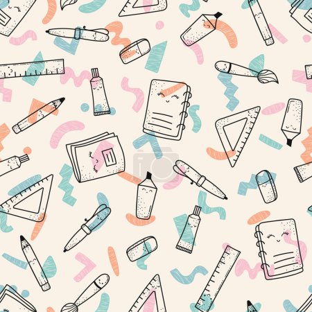 Illustration for Cute hand drawn back to school seamless pattern, lovely school supplies, great for banners, wallpapers, wrapping - vector design - Royalty Free Image