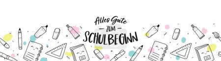 Illustration for Cute hand drawn back to school pattern with text in German "school starts soon", lovely school supplies, great for banners, wallpapers, wrapping - vector design - Royalty Free Image