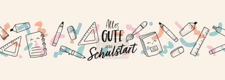 Cute hand drawn back to school pattern with text in German "school starts soon", lovely school supplies, great for banners, wallpapers, wrapping - vector design