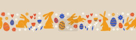 Cute hand drawn Easter horizontal seamless pattern with bunnies, flowers, easter eggs, beautiful background, great for Easter Cards, banner, textiles, wallpapers