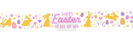 Cute hand drawn Easter horizontal seamless pattern with bunnies, flowers, easter eggs, beautiful background, great for Easter Cards, banner, textiles, wallpapers
