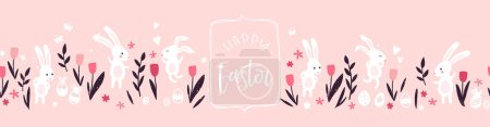 Mignon dessin à la main motif sans couture de Pâques avec des lapins, fleurs, oeufs de Pâques, beau fond, idéal pour les cartes de Pâques, bannière, textiles, fonds d'écran
