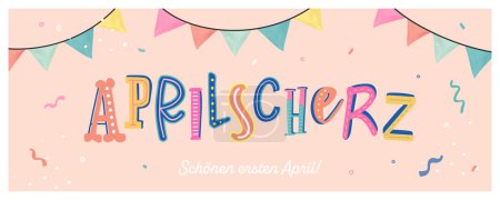 Illustration for Fun and colorful April Fools' design in german language saying "April Fool's trick", detailed Typography and party background, great for web banners, wallpapers, greeting cards - vector design - Royalty Free Image