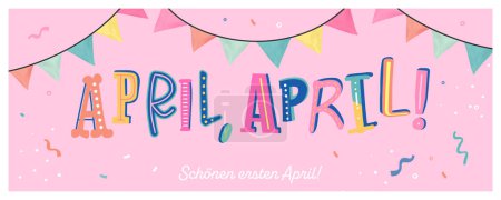 Illustration for Fun and colorful April Fools' design in German saying "Happy First of April", detailed Typography and party background, great for web banners, wallpapers, greeting cards - vector design - Royalty Free Image