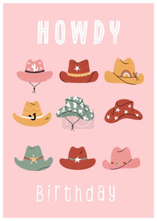 Birthday card with cute cowboy hats with different ornaments, cactus, horseshoe, stars. Great gift for real Cowboys and girls. Hand drawn illustration