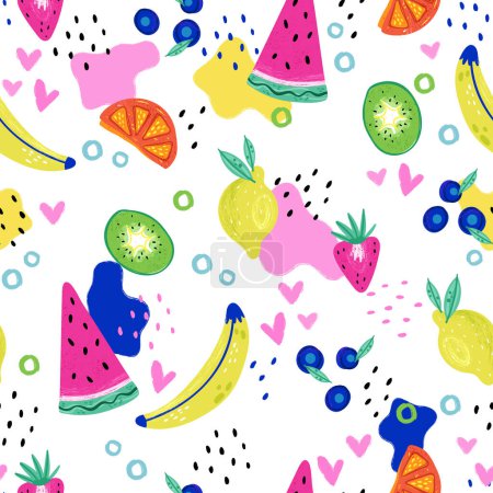 Illustration for Colorful hand drawn fruit pattern with colorful design, seamless background, great for summer fabrics, banners, wallpapers - vector design - Royalty Free Image
