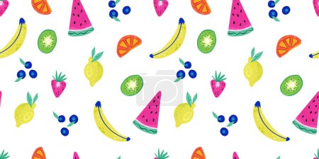 Illustration for Colorful hand drawn fruit pattern with colorful design, seamless background, great for summer fabrics, banners, wallpapers - vector design - Royalty Free Image