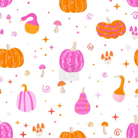 Illustration for Pink and orange magic halloween seamless pattern with pumpkins, mushrooms and stars. Vector illustration - Royalty Free Image