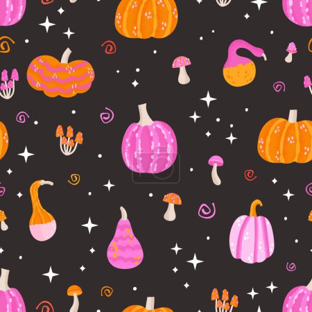 Illustration for Pink and orange magic halloween seamless pattern with pumpkins, mushrooms and stars. Vector illustration - Royalty Free Image