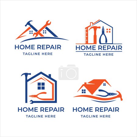 Illustration for House Repair Logo Bundle. Orange and Blue House Logo with Hammer and Handyman Tools Vector Illustration. - Royalty Free Image