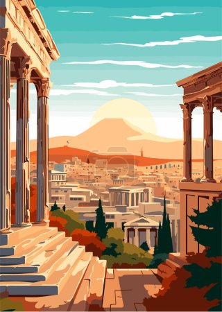 Travel Destination in Athens Greece vintage print. holidays concept of illustration