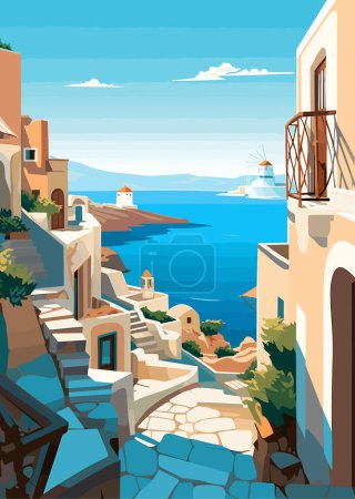 Ilustración de Travel Destination Santorini Grecia estampado vintage. vacaciones concepto de ilustración - Imagen libre de derechos
