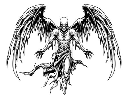 Demonio oscuro con alas ardientes sobre fondo blanco de ilustración
