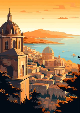 Ilustración de Travel Destination in Dubrovnik Croacia vintage print. vacaciones concepto de ilustración - Imagen libre de derechos