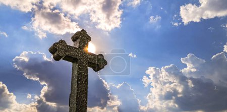 Photo for Landscape with a worship cross in a village on the mountain - Royalty Free Image