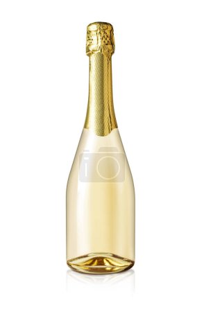 Téléchargez les photos : Bouteille de champagne jaune isolée sur fond blanc avec chemin de coupe - en image libre de droit