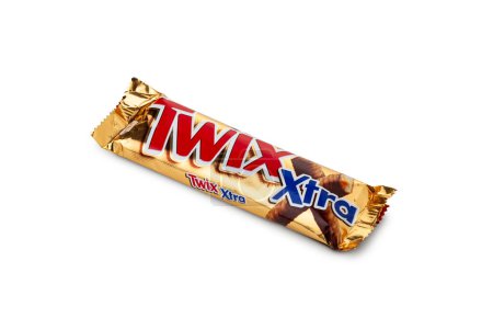 Photo for CHISINAU, MOLDOVA - MARCH 12, 2023: Twix Xtra cookie bar in front, isolated on white background. With clipping path. Twix bars are produced by Mars Incorporated and sold worldwide - Royalty Free Image