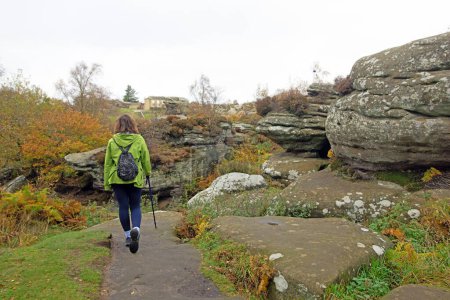 Capturer un randonneur mature et en forme, profiter d'un environnement génial, à la fin de l'automne. Brimham rocks est une attraction touristique idéale.