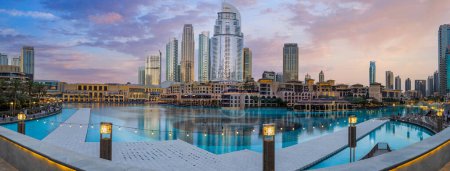 Photo for UAE, Dubai panoramic view of city downtown, Dubai Mall and Dubai Fountain. - Royalty Free Image