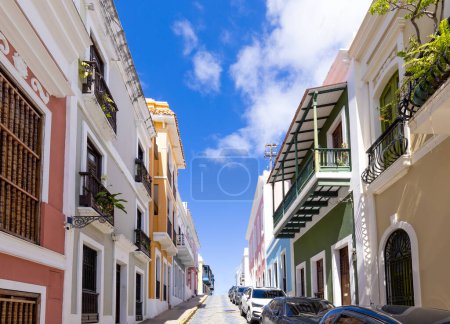 Puerto Rico colorful colonial architecture in historic city center.