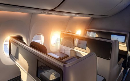 Téléchargez les photos : Intérieurs d'avion modernes, sièges de luxe en première classe et en classe affaires avec espace de divertissement. - en image libre de droit