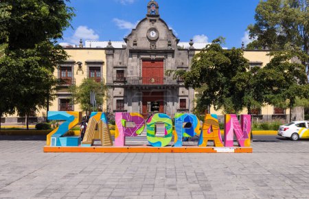 Colorful letters of Zapopan central plaza in historic city center near Zapopan Cathedral Basilica.