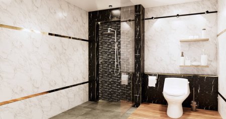 Téléchargez les photos : Tuiles de granit blanc et noir design mural Toilettes, chambre de style moderne. rendu illustration 3D - en image libre de droit