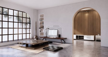 Foto de Habitación Japandi interior y mesa baja y sillón wabisabi style.3D rendering - Imagen libre de derechos