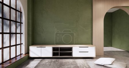 Téléchargez les photos : Cabinet en bois sur muji chambre verte intérieur en bois. rendu 3D - en image libre de droit