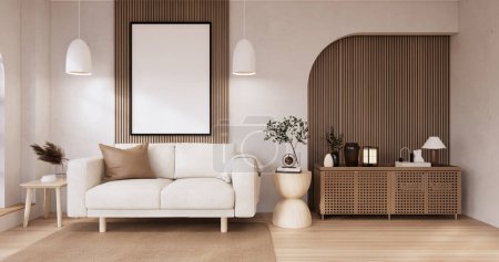 Foto de Muji sofá y decoración wabisabi en el interior de la habitación japandi. Representación 3D - Imagen libre de derechos