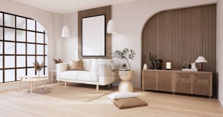Téléchargez les photos : Canapé Muji et décoration wabisabi sur intérieur de chambre japandi .3D rendu - en image libre de droit