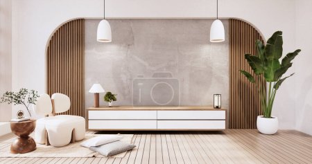 Foto de Gabinete de madera en Muji habitación vacía, Japandi diseños mínimos. Renderizado 3D - Imagen libre de derechos