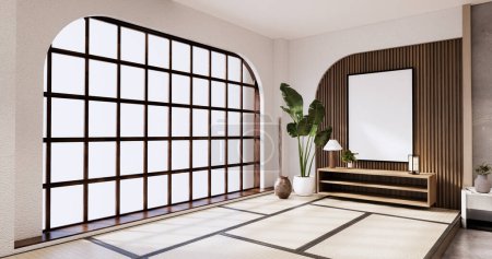 Foto de Gabinete de madera en Muji habitación vacía, Japandi diseños mínimos. Renderizado 3D - Imagen libre de derechos