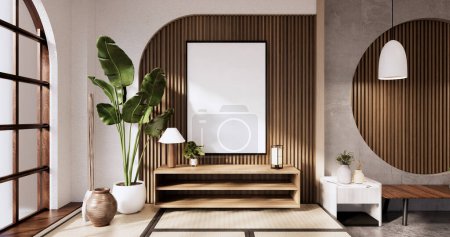 Téléchargez les photos : Armoire en bois dans la chambre vide Muji, Japandi dessins minimes. rendu 3D - en image libre de droit