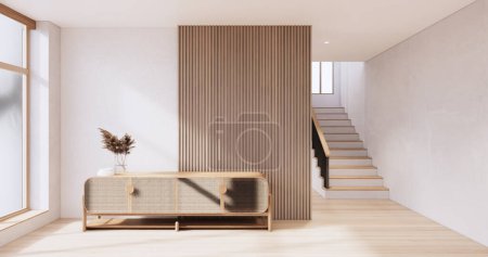 Foto de Gabinete de madera japandi diseño en sala de estar wabi sabi estilo fondo de pared vacío - Imagen libre de derechos