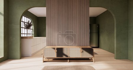 Foto de El diseño interior minimalista de estilo muji Green Living Room tiene sofá wabisabi y decoración japandi. - Imagen libre de derechos