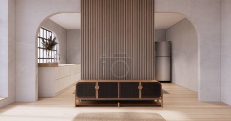 Photo for Cabinet wooden japandi design on living room wabi sabi style empty wall background - Royalty Free Image