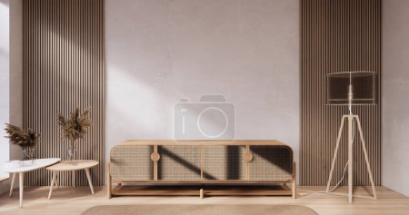 Photo for Cabinet wooden japandi design on living room wabi sabi style empty wall background - Royalty Free Image