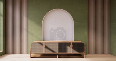 Téléchargez les photos : Cabinet sur salle verte intérieur en bois wabisabi et fauteuil canapé et décoration style japonais. - en image libre de droit