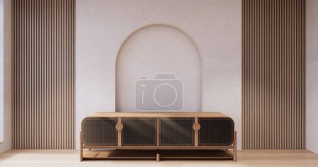 Foto de Gabinete de madera japandi diseño en sala de estar wabi sabi estilo fondo de pared vacío - Imagen libre de derechos