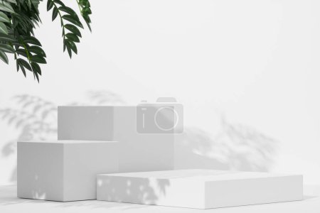 Téléchargez les photos : Podium vide blanc étagère de produit vierge debout toile de fond. rendu 3D. - en image libre de droit