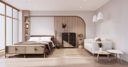Téléchargez les photos : Style Muji, Chambre vide en bois, Nettoyage intérieur de la chambre japandi. - en image libre de droit