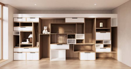 Photo for Idea Box Wall Shelves on minimal living room japandi style design. - Royalty Free Image