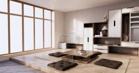 Foto de Estantes de pared de la caja de la idea en diseño mínimo del estilo de la sala de estar japandi. - Imagen libre de derechos